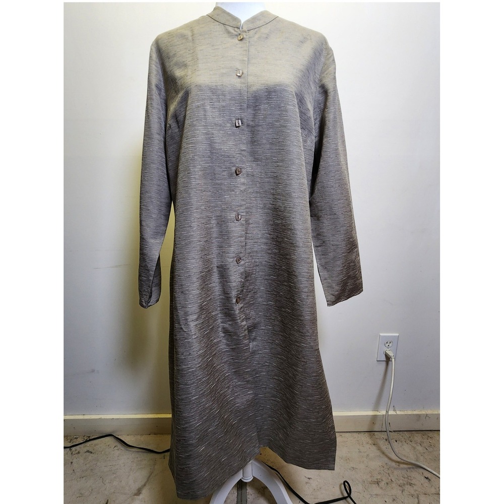 Dialogue Vtg 100% Natural Slub Raw Silk Duster Jacket Med Mandarin Collar Beige